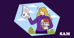 A woman holding a model house and an equity loan contract with bushes and clouds in the background. SAM Conveyancing answers 'can you transfer help to buy equity loan to another property?'