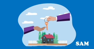 Two arms outstretched above a home, with one handing over a pair of keys to the other. SAM Conveyancing explains the transfer of property ownership from joint to single