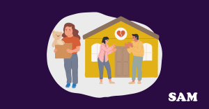A divorced couple arguing outside of their house, whilst their daughter looks on sadly with a teddy bear in a box. SAM Conveyancing answers the question: what is a mesher order?