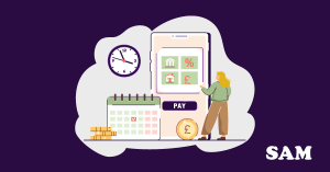 A woman overlooking her ground rent payments on a phone, with a clock, a calendar, and stacks of coins next to her