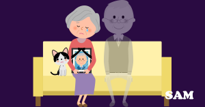 A woman sat on a sofa with her cat grieving the loss of her deceased joint proprietor
