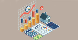 An illustration representing Capital Gains Tax on a property sale, featuring a house, a tax document, stacks of coins, a calculator, and a rising financial graph.