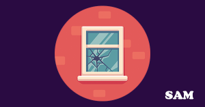 A smashed window, showing damage to a property. SAM Conveyancings Guide on what to do if the property you're buying or selling gets damaged before contracts are exchanged