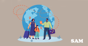 A family with a globe behind them moving from overseas to the UK | SAM Conveyancing's guide to stamp duty for overseas buyers