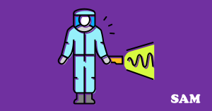 Someone in a hazmat suit holding radon testing equipment. SAM Conveyancing explains radon testing Someone in a hazmat suit holding radon testing equipment. SAM Conveyancing explains radon testing