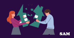 Illustration of a woman and a man pulling a green house shape apart | Sam Conveyancing's guide to property transactions after divorce