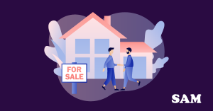 Two people stood outside of a flat with a 'for sale' sign next to them. SAM Conveyancing explains selling a flat with cladding  Two people stood outside of a flat with a 'for sale' sign next to them. SAM Conveyancing explains selling a flat with cladding