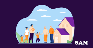 A family and two elderly parents stood outside of a house. SAM Conveyancing explains buying a house jointly with parents