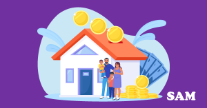 A family stood outside of their home next to a stack of coins. SAM Conveyancing explains how to change from tenants in common to joint tenants