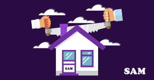 Two people sawing a house in half. SAM Conveyancing explains the cost of splitting title deeds Two people sawing a house in half. SAM Conveyancing explains the cost of splitting title deeds