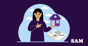 A woman holding a model house with a clipboard, calculator, keys, and a pen sit next to her. SAM Conveyancing explains how much does it cost to change deeds of house