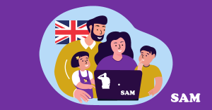 A military family crowded around a laptop with the union jack flag in the background. SAM Conveyancing explains what the Forces Help to Buy scheme and how to apply.
