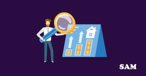 Man holding magnifying glass and tracking house value chart. SAM Conveyancing's guide on what is gazumping