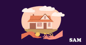 Two hands extending out exchanging a coin for a key, with a house in the background. SAM Conveyancing answers 'is shared ownership a good idea?'
