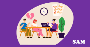 A separated couple sat opposite a solicitor handling their transfer of equity. SAM Conveyancing answers 'do i have to pay half the mortgage if i move out?'