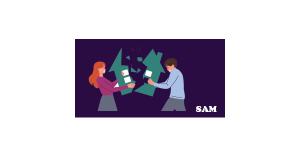Illustration of a woman and a man pulling a green house shape apart | Sam Conveyancing's guide to property transactions after divorce