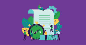 A 2D cartoon graphic: 2 buyers, 2 sellers, an estate agent and a solicitor work around a stop watch and an instruction letter, to get the timing right. Should You Instruct Solicitor Before Mortgage Offer? A guide from SAM Conveyancing