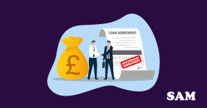 Two men agreeing the terms of a loan agreement with the official document and a bag of money next to them. SAM Conveyancing's Simple Loan Agreement Template  Two men agreeing the terms of a loan agreement with the official document and a bag of money next to them. SAM Conveyancing's Simple Loan Agreement Template