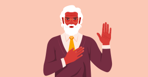 Old man with glasses swearing an oath to a solicitor