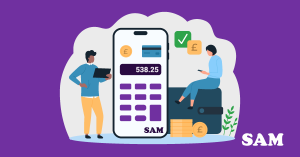 A couple looking at their finances and mortgage files before removing a name from their mortgage with a phone and a calculator display in the foreground. SAM Conveyancing explains how to take a name off a mortgage