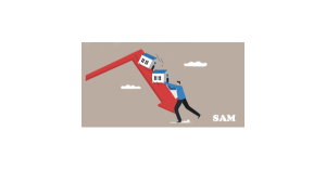 A man holding up two model houses which are sliding down a big red downwards pointing arrow. SAM Conveyancing's guide on 10 things that cause property values to decrease & how to fix them