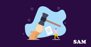 A gavel leaning against a stack of coins with a person looking on, holding a legal document. SAM Conveyancing explains what is a legal charge on a property