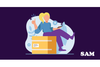 A first time buyer sits on a moving box with their thumbs up celebrating their home first purchase. SAM Conveyancing guide on buying a house for the first time