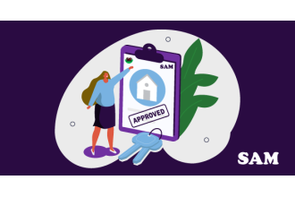 A woman who used SAM Conveyancing to purchase her Help to Buy Wales home pointing at an approval document whilst her home's keys are laid next to it.