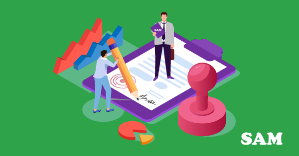 Two men stood atop an AS1 Form document, one holding a big pencil and the other holding a clipboard. SAM Conveyancing explains what a deed of assent of property is