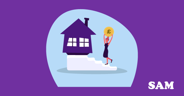 A woman holding a big pound coin, going up a staircase towards her home. Help to Buy Staircasing with SAM Conveyancing