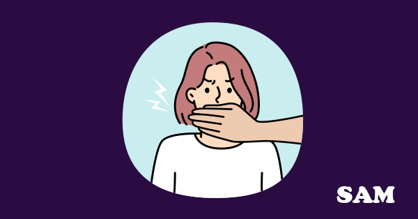 A woman with a hand over her mouth being forced to transfer a property by a coercive partner