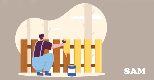An illustration of a person painting a brown fence yellow | SAM Conveyancing's guide to neighbours making changes to your fence
