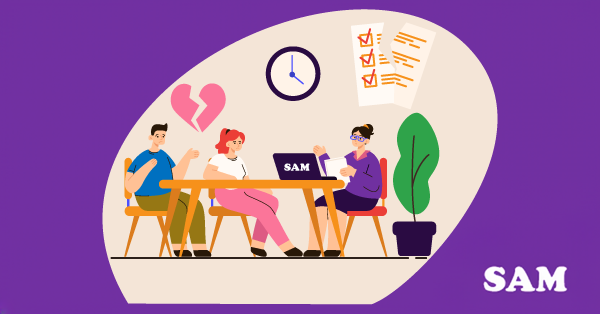 A separated couple sat opposite a solicitor handling their transfer of equity. SAM Conveyancing answers 'do i have to pay half the mortgage if i move out?'