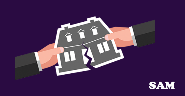 A cartoon of two hands pulling apart a house. Do I have to share my inheritance with my spouse UK, question answered by SAM Conveyancing