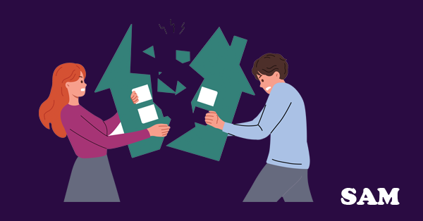 Illustration of a woman and a man pulling a green house shape apart | Sam Conveyancing's guide to property transactions after divorce