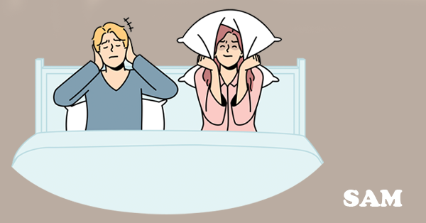 A man and woman lie in bed covering their ears because of noise | SAM Conveyancing's guide to noisy neighbours