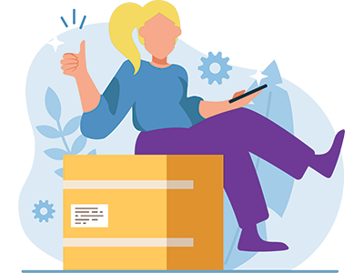 A first time buyer sits on a moving box with their thumbs up celebrating their home first purchase. SAM Conveyancing guide on buying a house for the first time