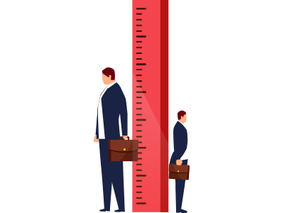 An illustration of a intermediate landlord standing smaller than a superior landlord with a ruler measuring them like a lease term