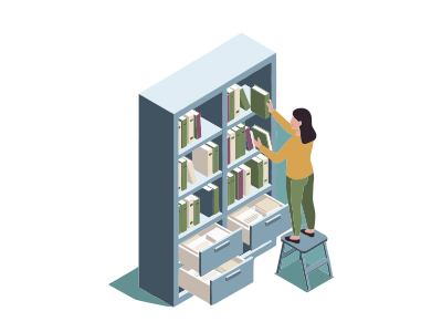 An illustration of a woman and a filing shelf showing her registering her deed of trust with SAM-Conveyancing