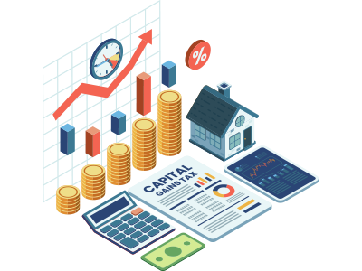 An illustration representing Capital Gains Tax on a property sale, featuring a house, a tax document, stacks of coins, a calculator, and a rising financial graph.