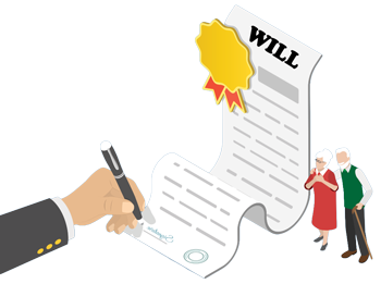 An old couple stood by a will and a solicitor's hand signing it