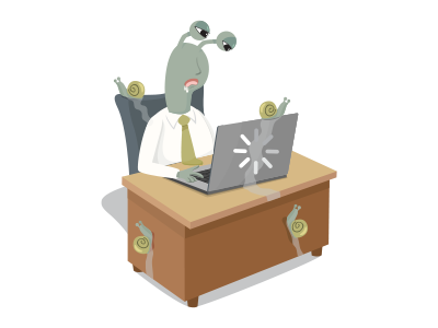 A tired snail working at a laptop showing an inefficient conveyancing solicitor