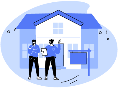 Two people stood outside of a house with a sign in front of it. SAM Conveyancing explains what auction bridging finance is and how to get it