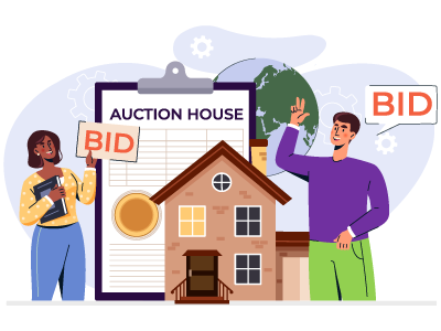 Two people bidding on an auction property at the auction house. SAM Conveyancing explains what auction conveyancing solicitors do