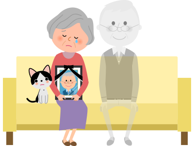 A woman sat on a sofa with her cat grieving the loss of her deceased joint proprietor