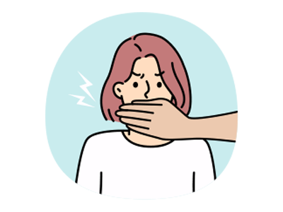 A woman with a hand over her mouth being forced to transfer a property by a coercive partner