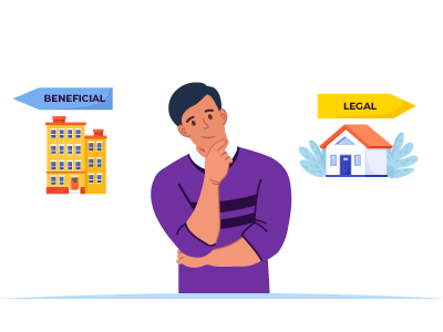 A man with two thought bubbles emanating from his head. One with a block of flats and the word 'beneficial' above them, and the other a house with the word 'legal' above it. SAM Conveyancing addresses the beneficial ownership vs legal ownership debate