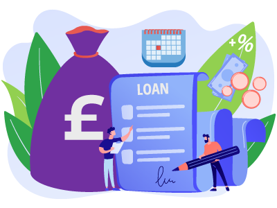 A man signing his bridging loan document next to a bag of money, a calendar, and some leaves. SAM Conveyancing explains what a bridging loan is and how to get one
