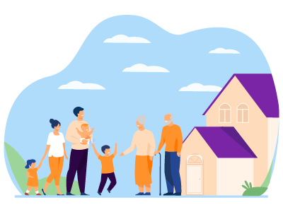 A family and two elderly parents stood outside of a house. SAM Conveyancing explains buying a house jointly with parents