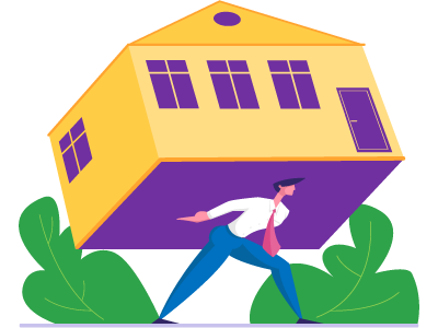 A man holding a house on his back. SAM Conveyancing explains the process of buying a repossessed property and its risks